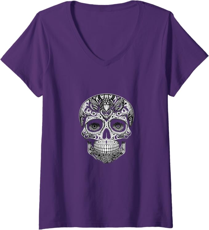 Women's Día de los Muertos Skull Calaveras V-Neck Women T-Shirt - Mexican Day of the Dead Shirt