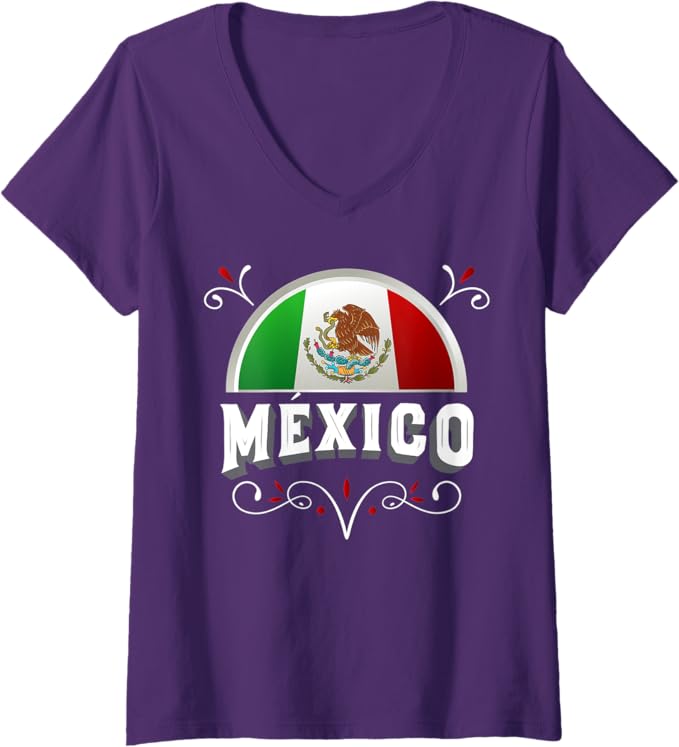 Women's Mexico Bandera V-Neck Women T-Shirt with Mexico Lettering - Mexican Flag Design