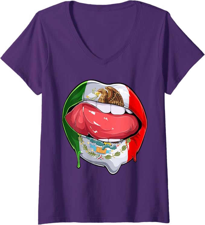 Women's Mexico Flag Lips V-Neck Women T-Shirt - Mexican Bandera Como Labios Design