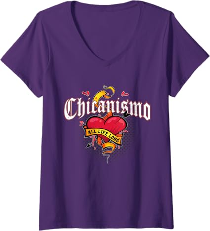 Women's Chicanismo Retro Mexican Chicano Heart V-Neck T-Shirt - All Life Long