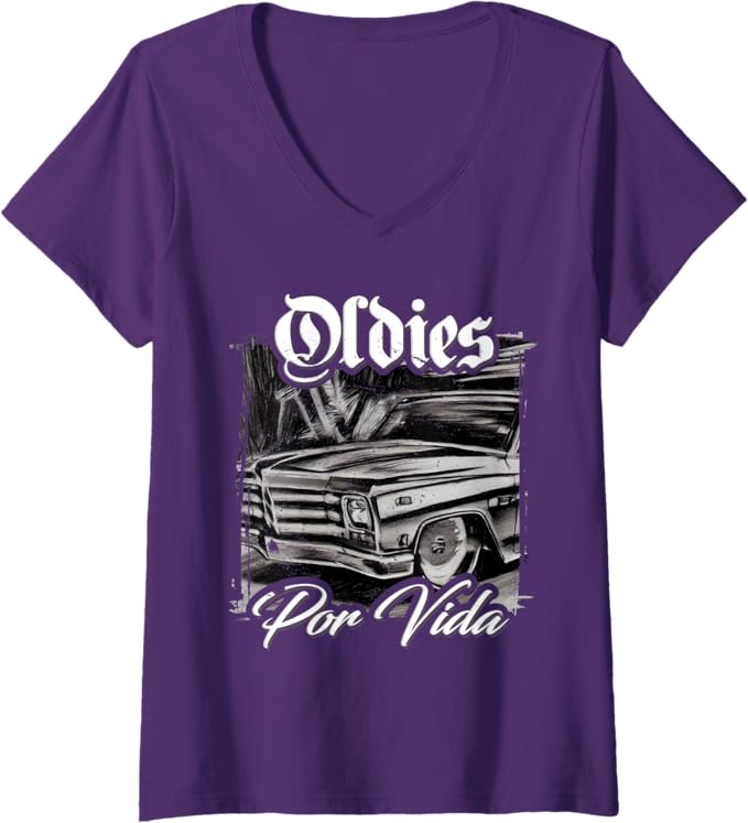 Women's Oldies Por Vida Vintage Car Lowrider Mexican Chicano V-Neck Women T-Shirt