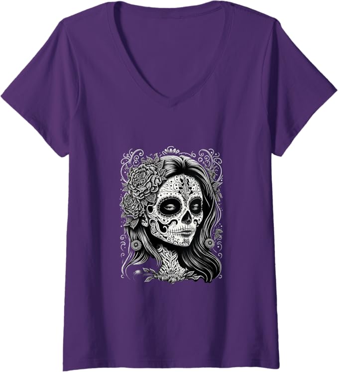 Women's Catrina Calaveras Día De Los Muertos Mexico Holiday V-Neck Women T-Shirt