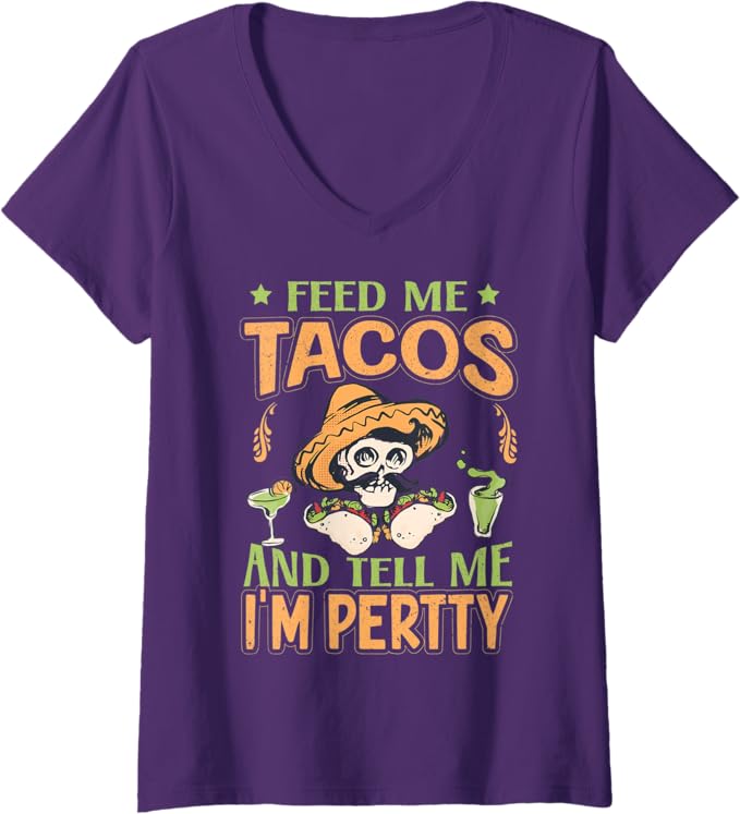 Womens Mexican Cinco De Mayo Party 'Feed Me Tacos' V-Neck T-Shirt