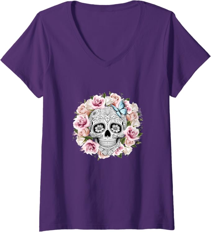 Women's Floral Sugar Skull V-Neck T-Shirt - Day of the Dead Mexico Dia de los Muertos Shirt