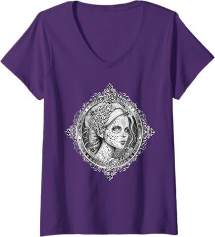 Women's Mexican Dia De Los Muertos Calaveras Catrina V-Neck T-Shirt - Stylish Day of the Dead Shirt