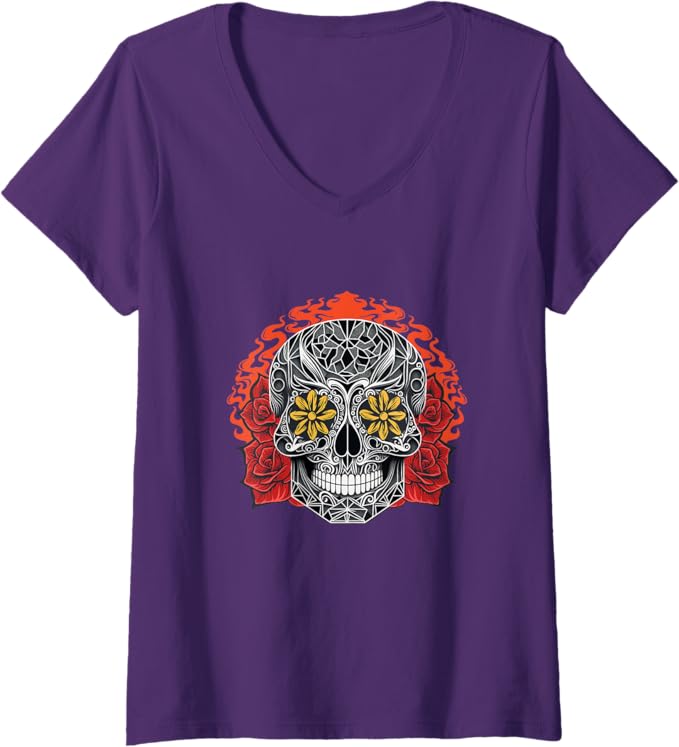 Women's Day of the Dead Sugar Skull Calaveras V-Neck Women T-Shirt – Mexican Holiday Tee