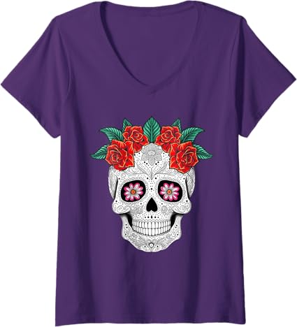 Women's Day of the Dead Skull with Flowers Mexican Holiday V-Neck T-Shirt