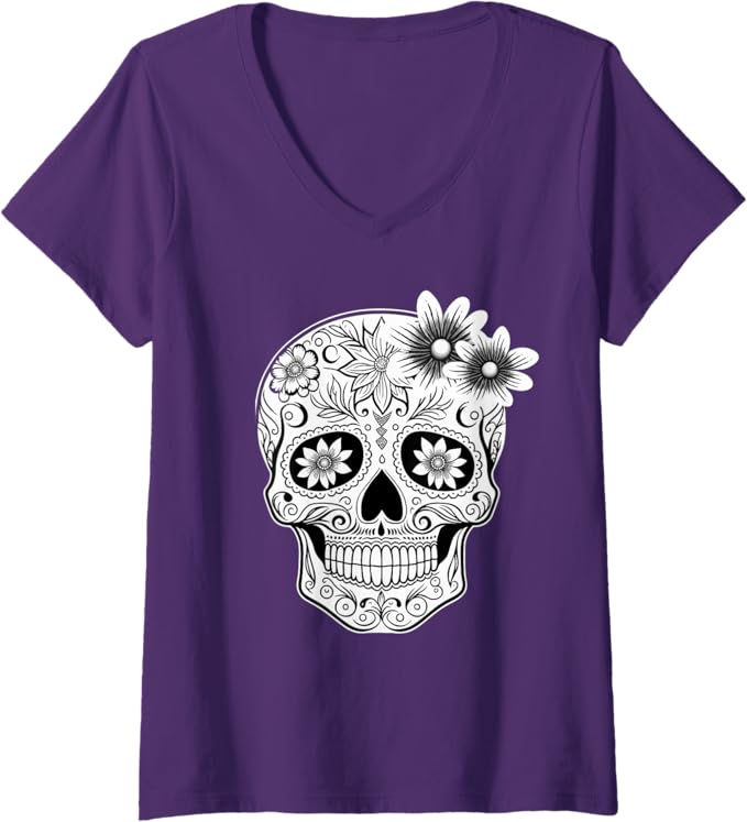 Women's Dia De Los Muertos Mexican Skull Calaveras V-Neck Women T-Shirt