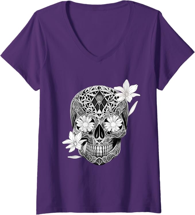 Women's Sugar Skull Flower Women T-Shirt - Dia De Los Muertos V-Neck