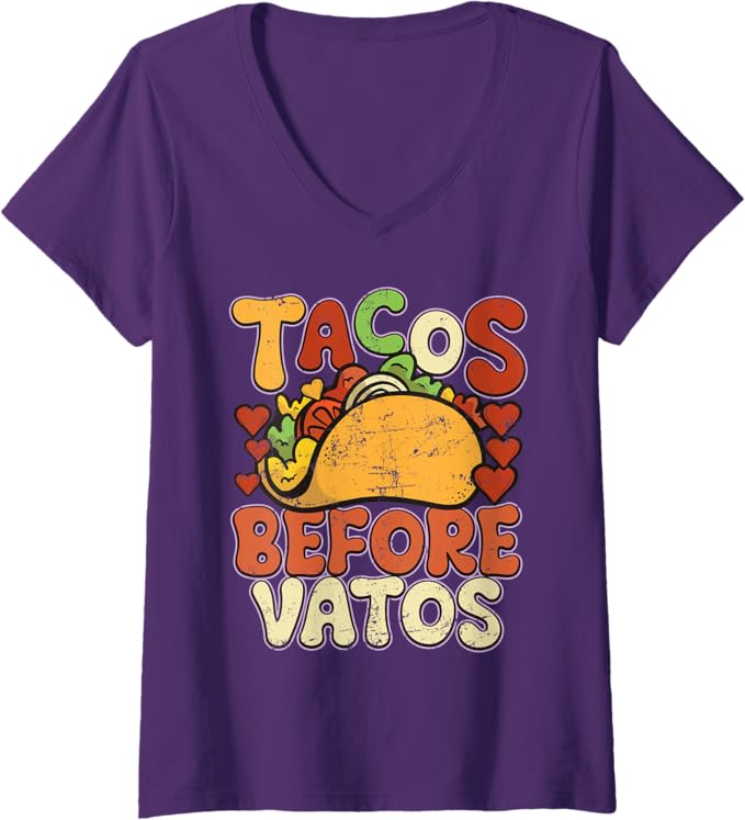 Funny Vintage Mexican Chicano Women's Tacos Before Vatos V-Neck Women T-Shirt