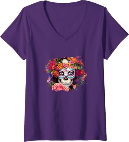 Women's Day of the Dead Skull V-Neck T-Shirt – Dia de los Muertos Mexico Shirt