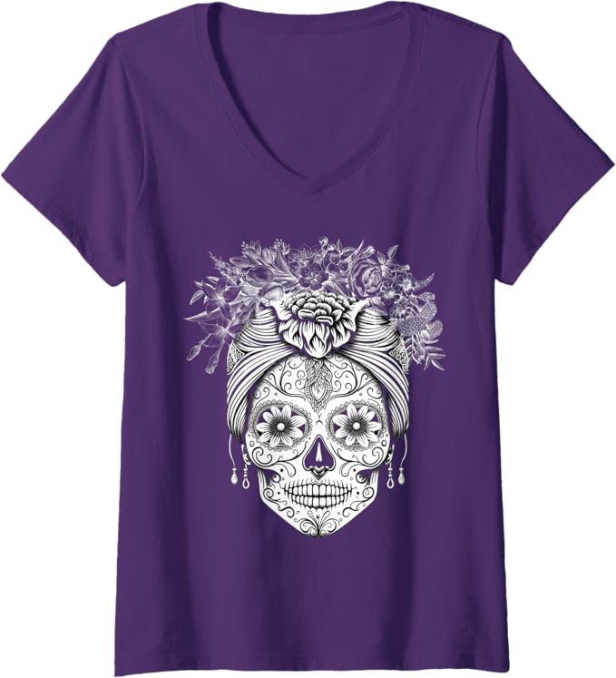 Women's Mexican Dia De Los Muertos Calaveras De Azucar V-Neck Women T-Shirt - Sugar Skull Shirt for Day of the Dead Celebration