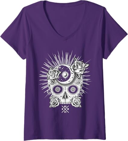 Women's Mexican Sugar Skull V-Neck T-Shirt | Día De Los Muertos Occult Design