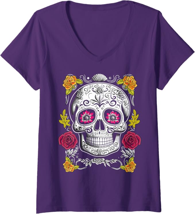 Womens Sugar Skull Mexican Día De Los Muertos V-Neck T-Shirt