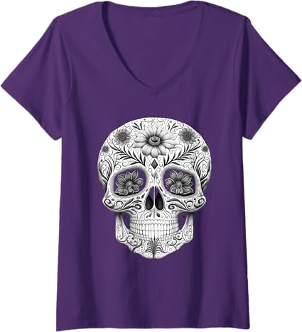 Women's Mexican Skull Art Dia de los Muertos V-Neck T-Shirt - Unique Day of the Dead Design
