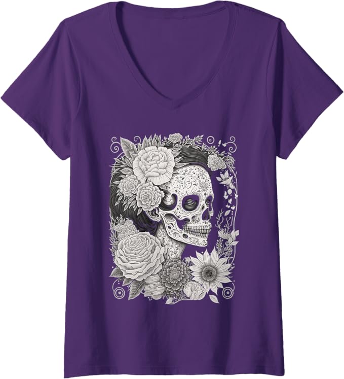 Women's Catrina Sugar Skull Calaveras Día de los Muertos V-Neck Women T-Shirt – Mexican Festival Style