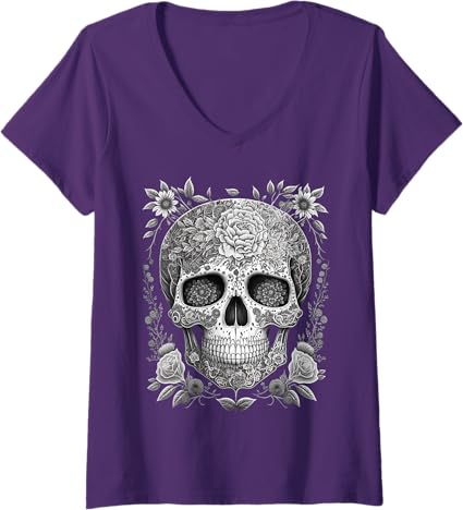 Women's Mexican Skull T-Shirt - Camisas de Calaveras V-Neck Tee