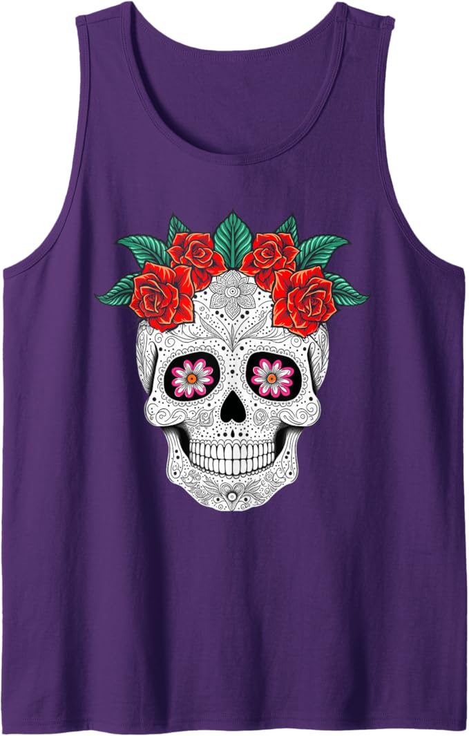 Day of the Dead Skull with Flowers Mexican Holiday Men Tank Top - Festive Apparel for Dia de los Muertos