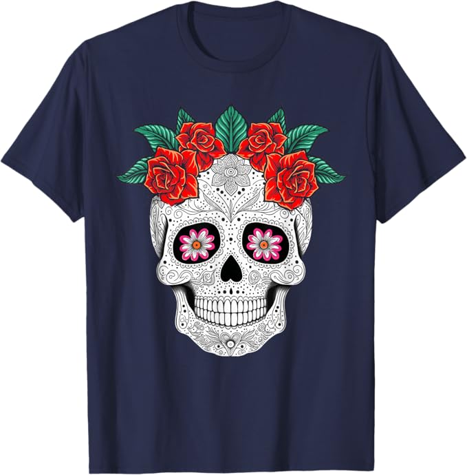 Day of the Dead Skull with Flowers - Mexican Holiday Men T-Shirt
