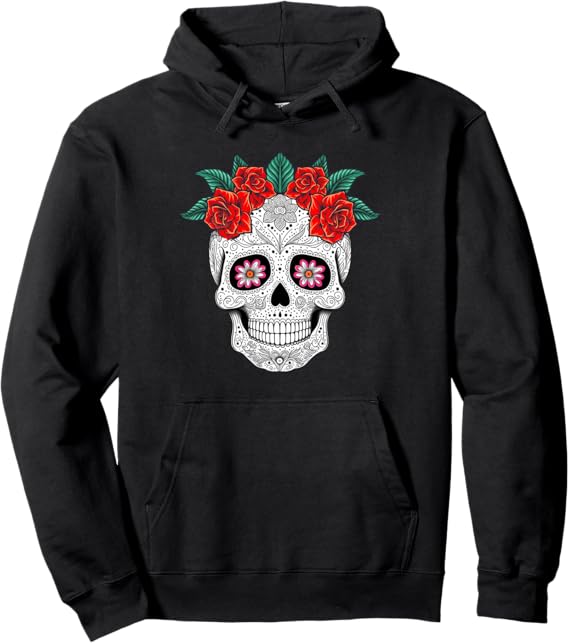 Day of the Dead Skull with Flowers Mexican Holiday Pullover Hoodie