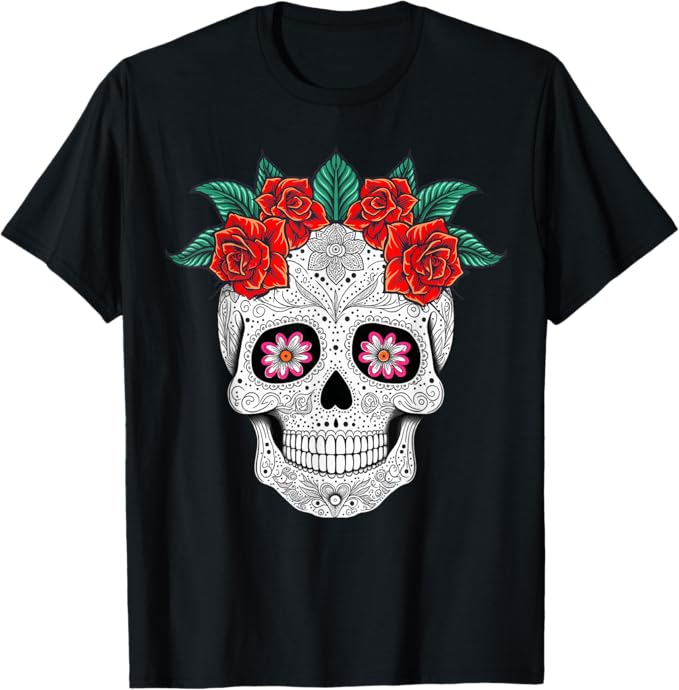 Day of the Dead Skull with Flowers - Mexican Holiday Men T-Shirt