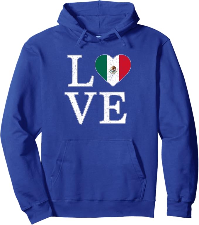 Mexico Love Pullover Hoodie - Mexican Flag Heart Vintage Look Design
