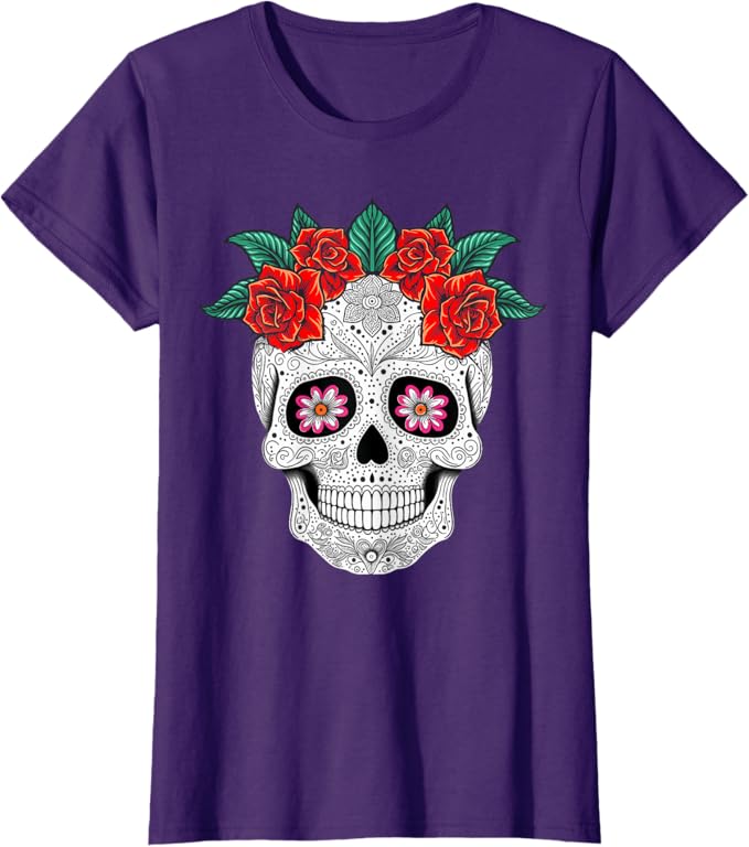 Day of the Dead Skull with Flowers - Mexican Holiday Women T-Shirt