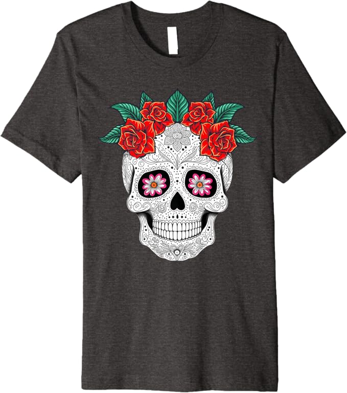 Day of the Dead Skull with Flowers - Mexican Holiday Premium Men T-Shirt