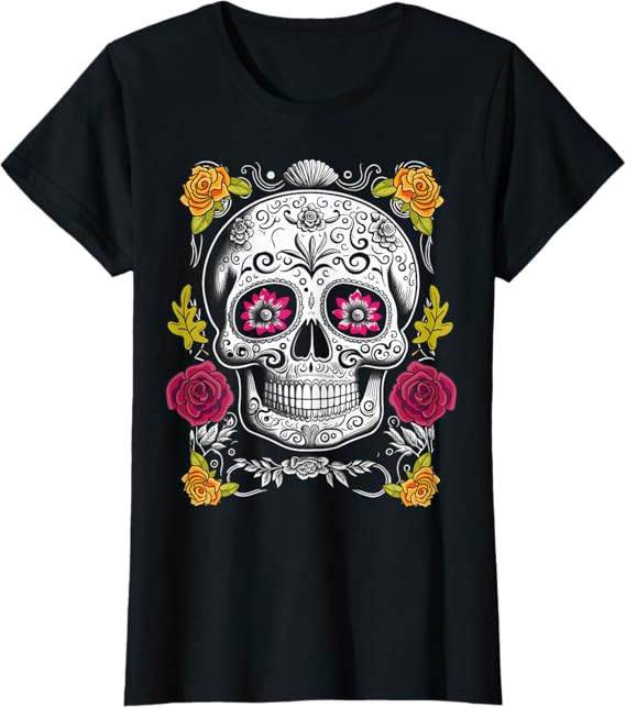 Sugar Skull Mexican Day of the Dead Women T-Shirt - Festive Dia de los Muertos Apparel