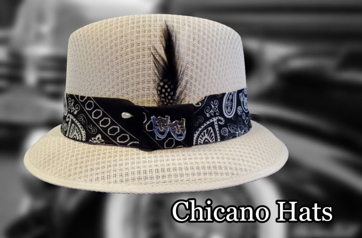 Classic Traditional Garcia White Fedora Lowrider Hat with Bandana Band
