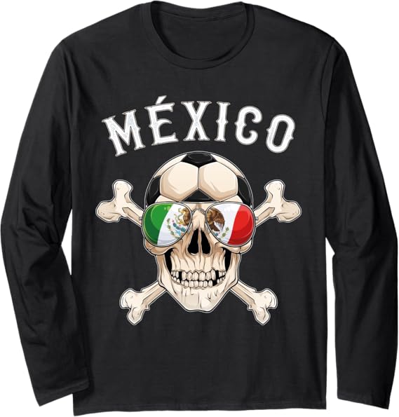 Mexico Pirate Soccer Fan Skull Long Sleeve T-Shirt with Mexican Flag