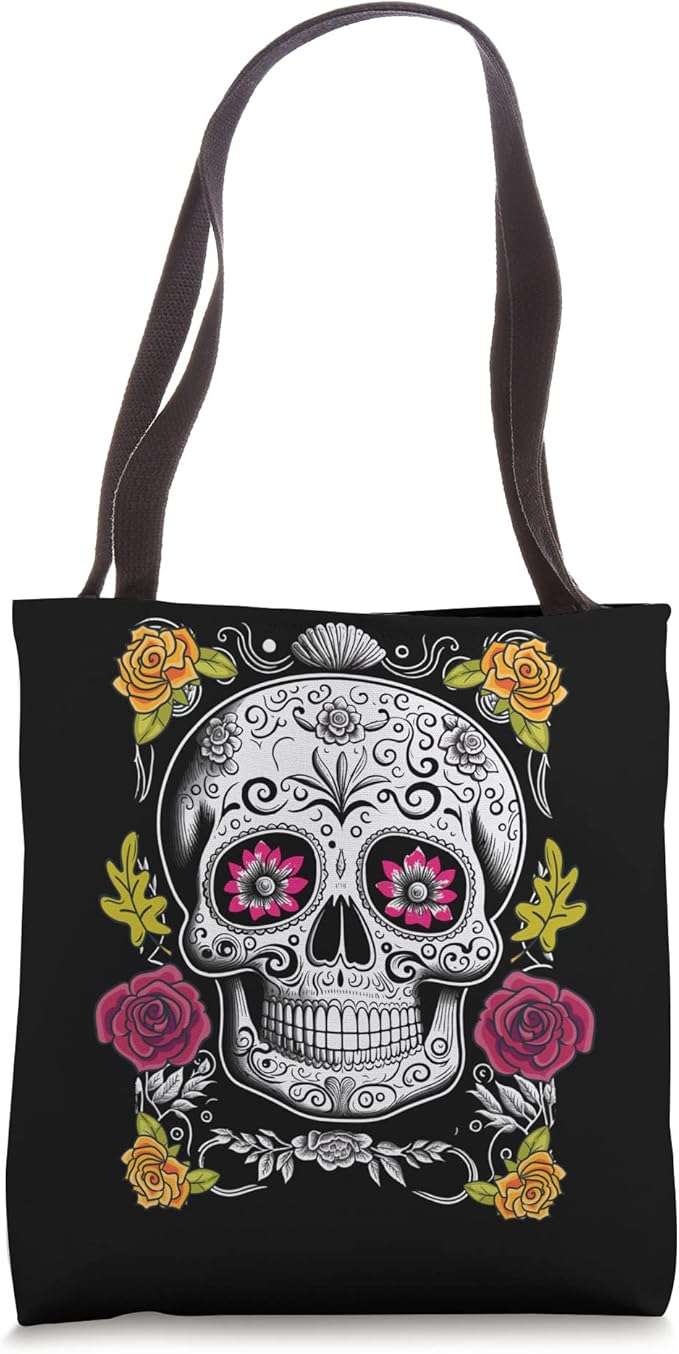 Sugar Skull Mexican Day of the Dead Tote Bag - Festive Halloween or Dia de los Muertos Accessory