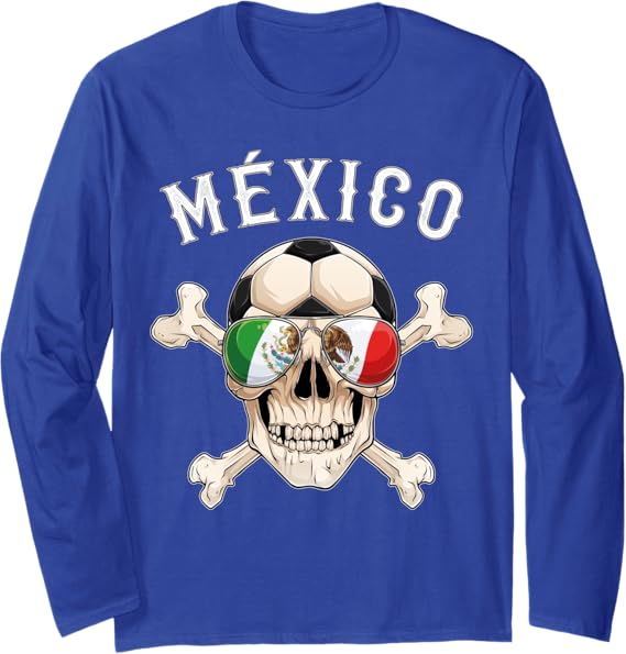 Mexico Pirate Soccer Fan Skull Long Sleeve T-Shirt with Mexican Flag