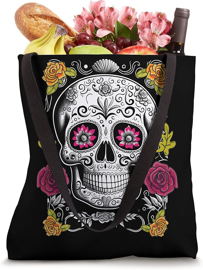 Sugar Skull Mexican Day of the Dead Tote Bag - Festive Halloween or Dia de los Muertos Accessory