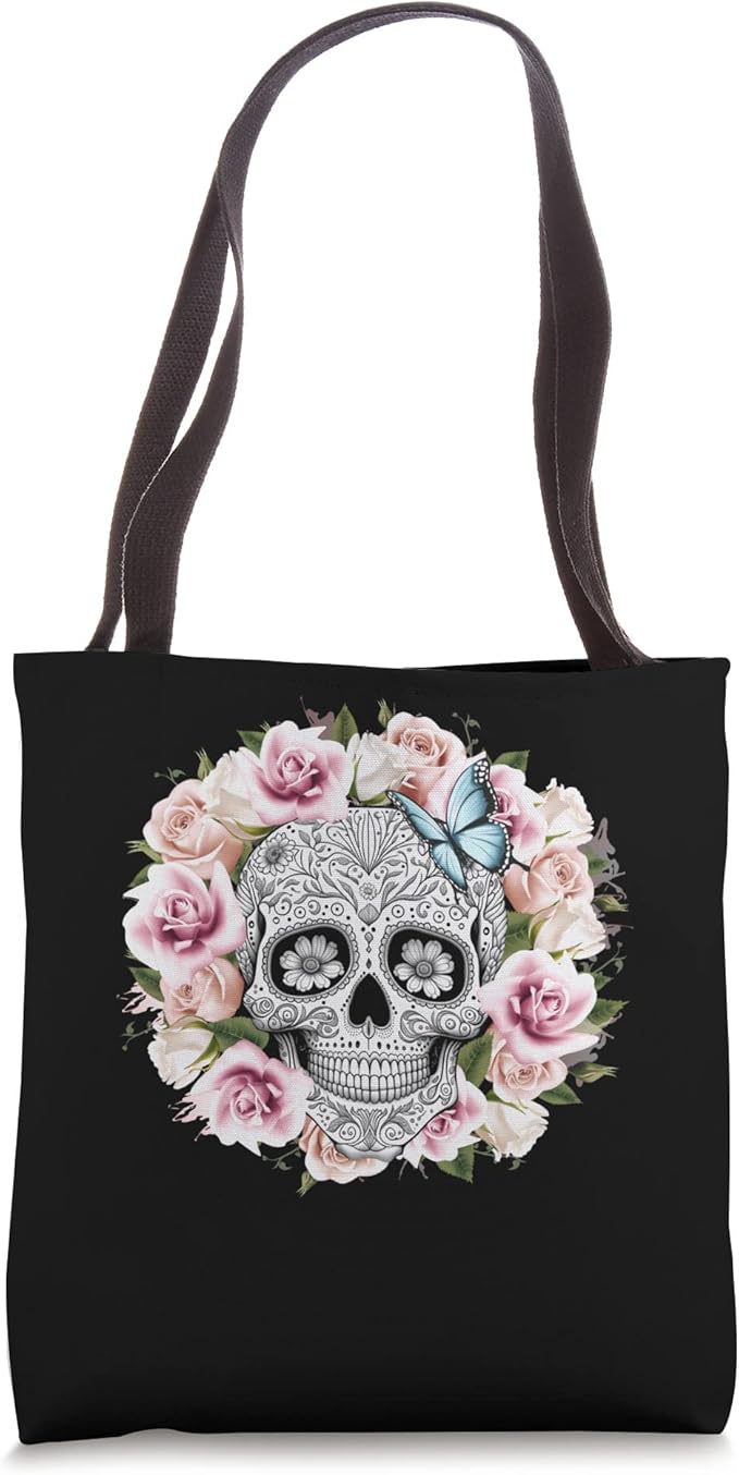 Floral Sugar Skull Tote Bag - Day of the Dead Mexico Dia de los Muertos Design