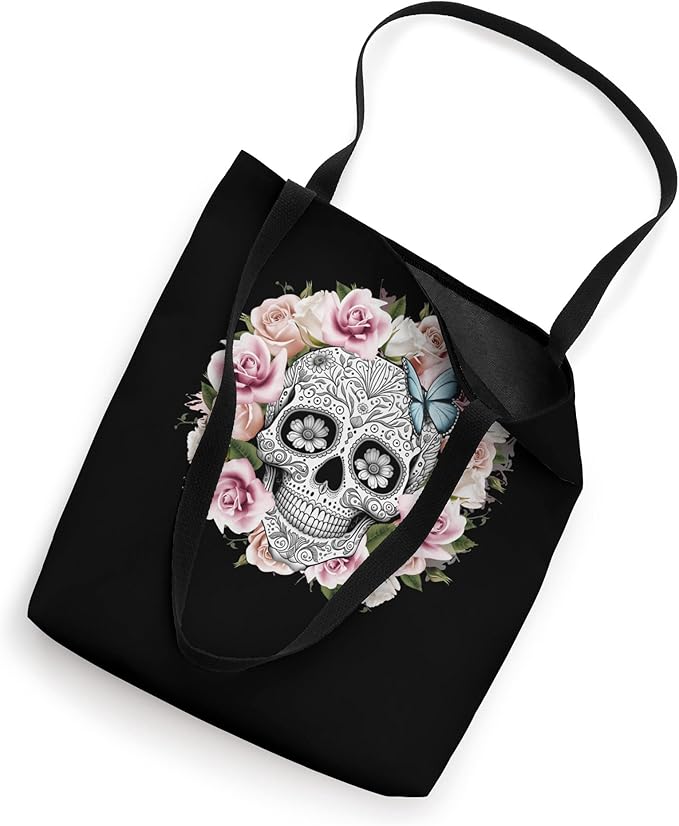 Floral Sugar Skull Tote Bag - Day of the Dead Mexico Dia de los Muertos Design