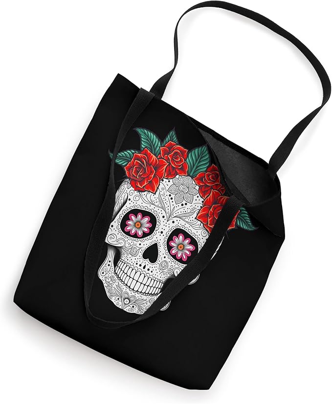 Day of the Dead Skull with Flowers Tote Bag - Mexican Holiday Celebration