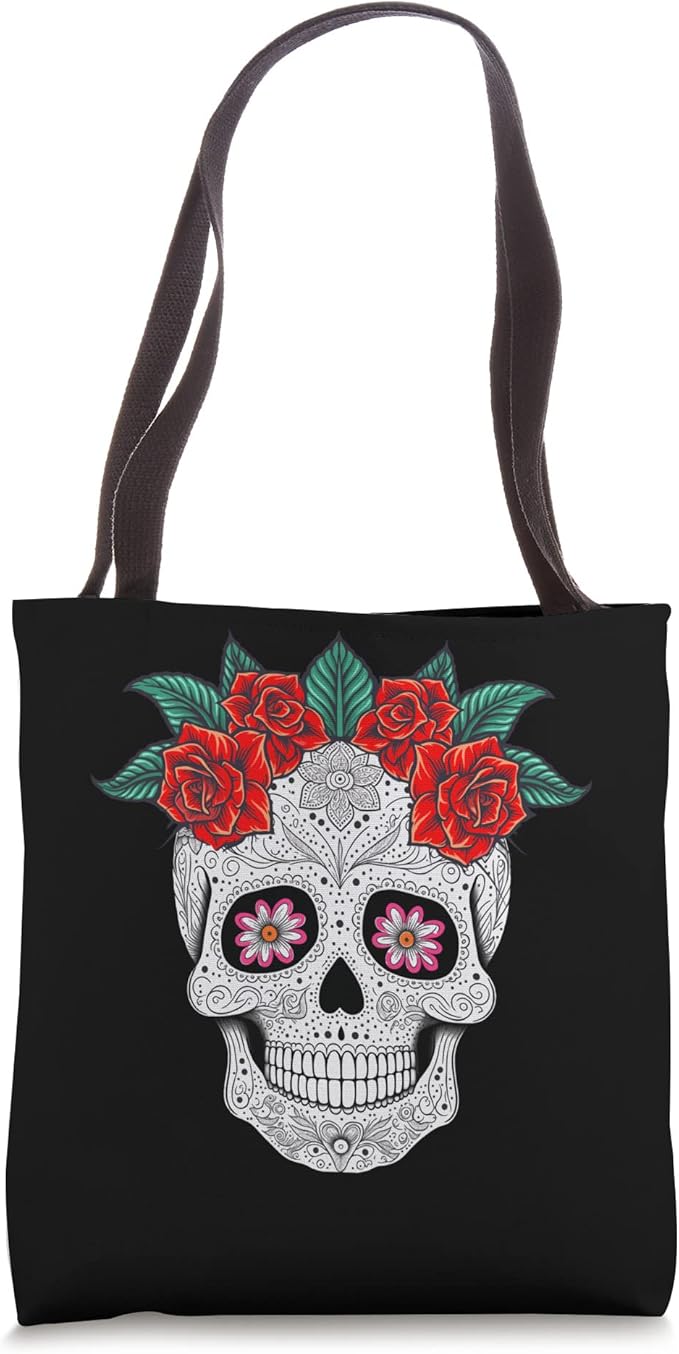 Day of the Dead Skull with Flowers Tote Bag - Mexican Holiday Celebration