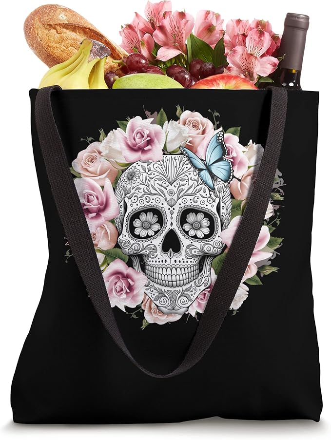 Floral Sugar Skull Tote Bag - Day of the Dead Mexico Dia de los Muertos Design