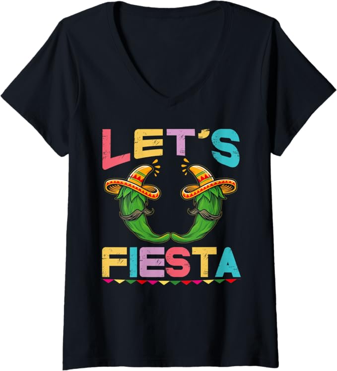 Womens Mexican Cinco De Mayo Party V-Neck T-Shirt - Let's Fiesta Design