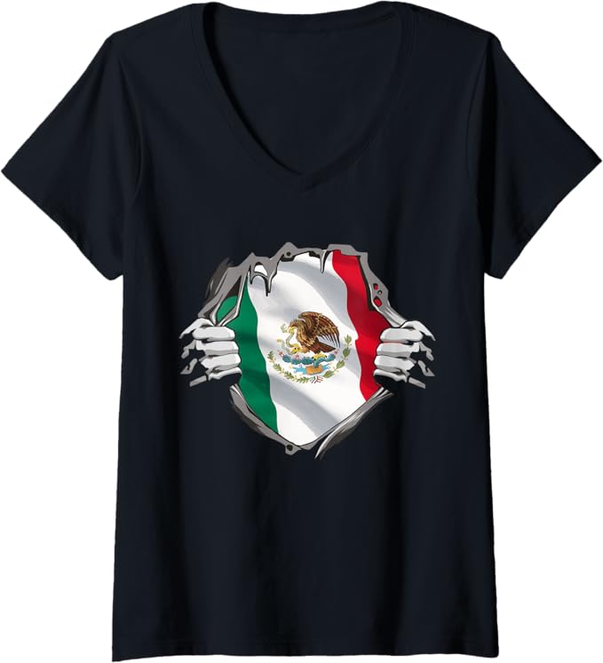 Women's Mexican Superhero V-Neck Women T-Shirt - Bandera Mexicana Pride Design