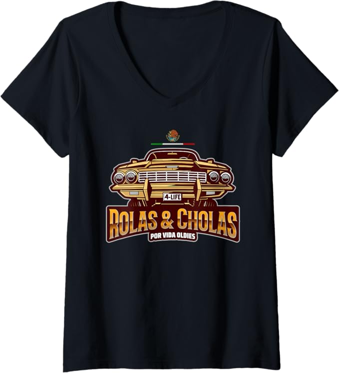 Womens Rolas & Cholas Por Vida Oldies Mexican Lowrider Hombre V-Neck T-Shirt