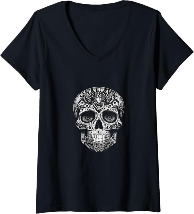 Women's Día de los Muertos Skull Calaveras V-Neck Women T-Shirt - Mexican Day of the Dead Shirt