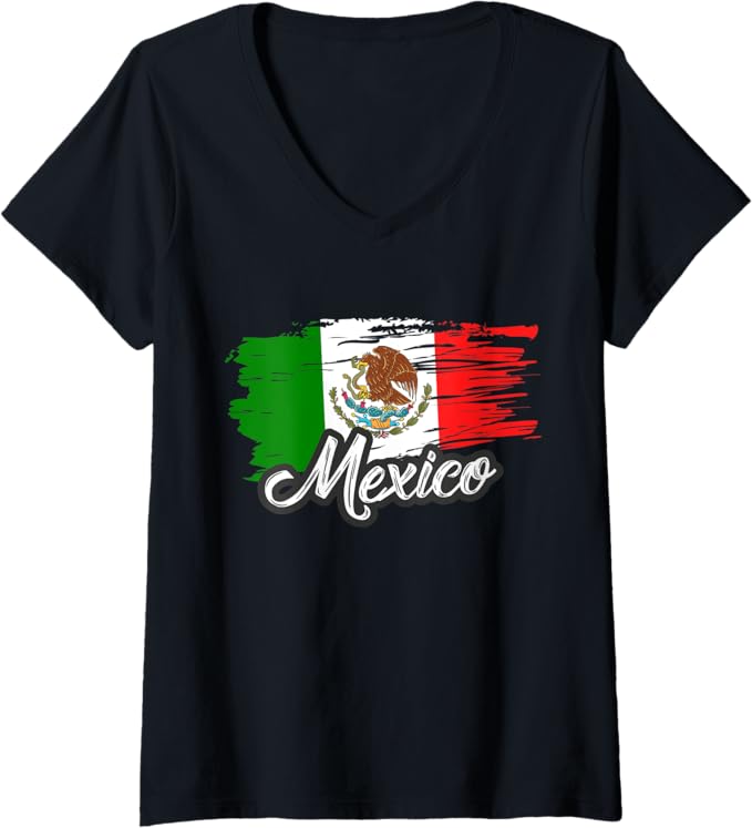 Women's Retro Mexican Flag Vintage Bandera Mexicana V-Neck Women T-Shirt – Stylish & Comfortable Mexican Pride Tee