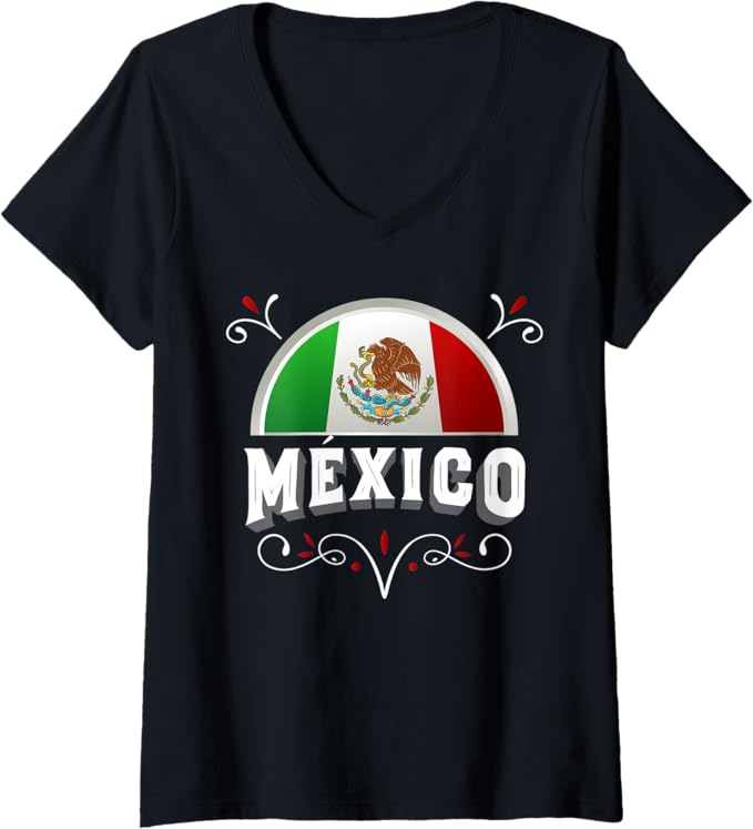 Women's Mexico Bandera V-Neck Women T-Shirt with Mexico Lettering - Mexican Flag Design