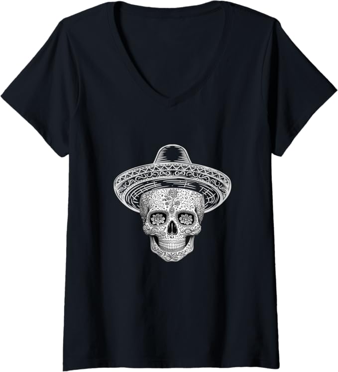 Women's Mexican Sugar Skull Sombrero Day of the Dead Calaveras V-Neck Women T-Shirt