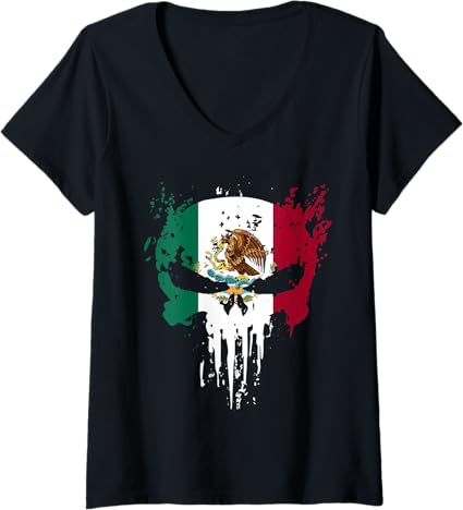 Women's Mexican Flag Skull V-Neck T-Shirt - Bandera Mexicana Camiseta