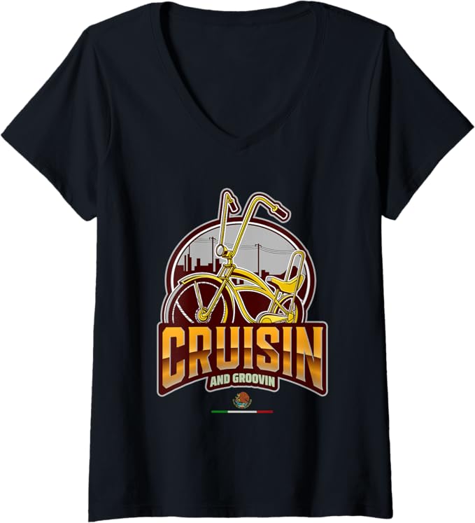 Women's Cruisin' and Groovin' Chicano Lowrider Bike Mexican V-Neck Women T-Shirt