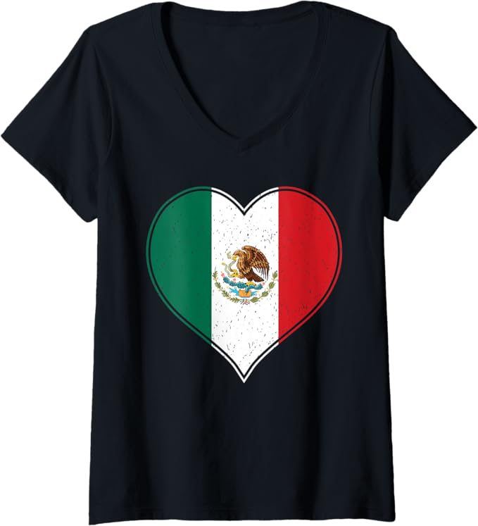 Women's Corazon Mexicano Mexican Flag V-Neck Women T-Shirt - Camiseta de Bandera de México