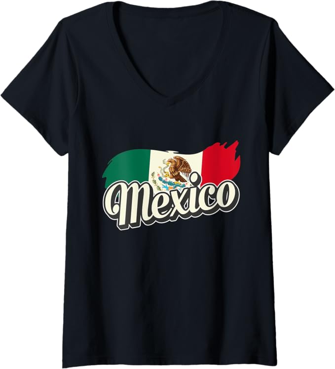Women's V-Neck Women T-Shirt with Mexican Flag and Mexico Lettering - Mexico Bandera Desig